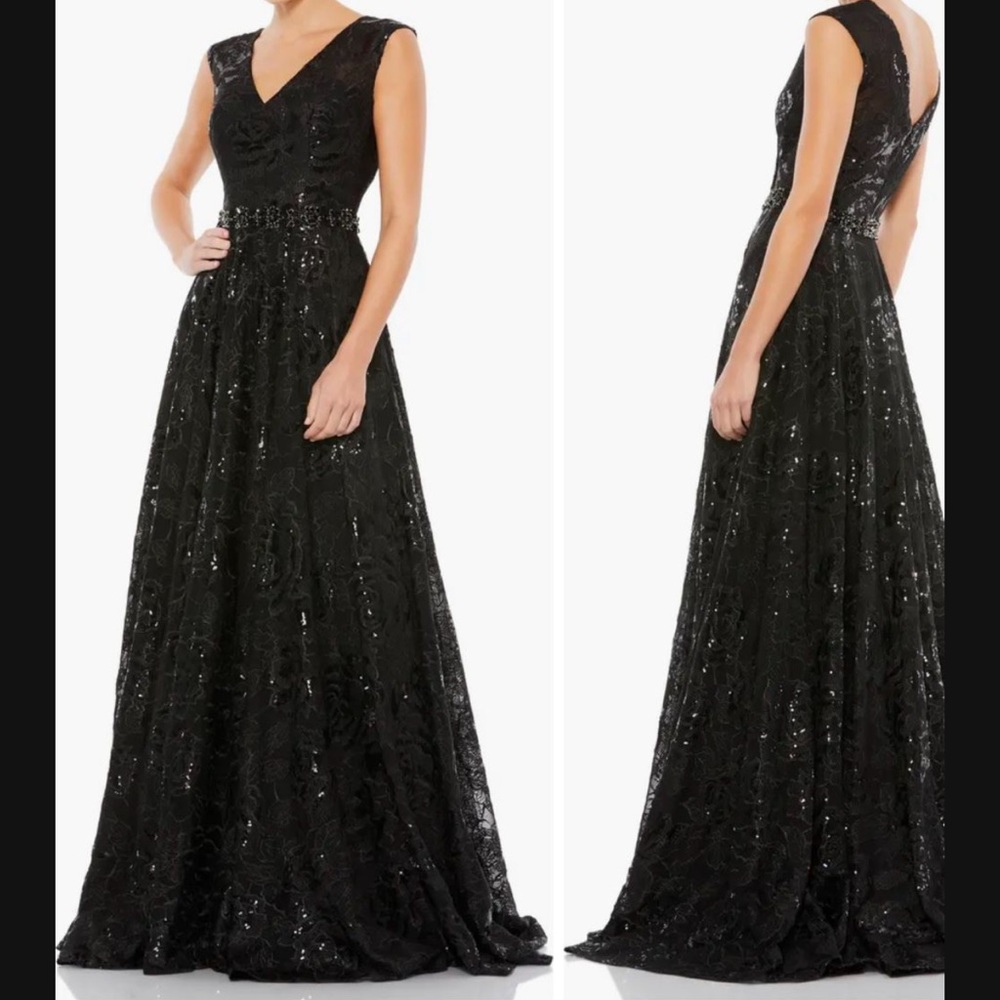 Mac duggal embroidered black gown.